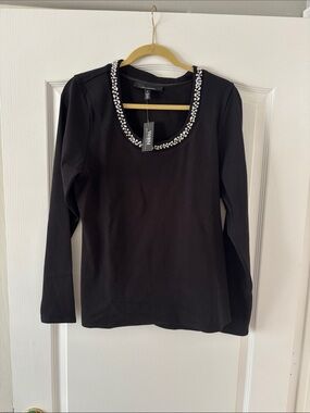 NWT White House Black Market Black Long Sleeve Jewel-Trim Scoop Neck Top Size XL